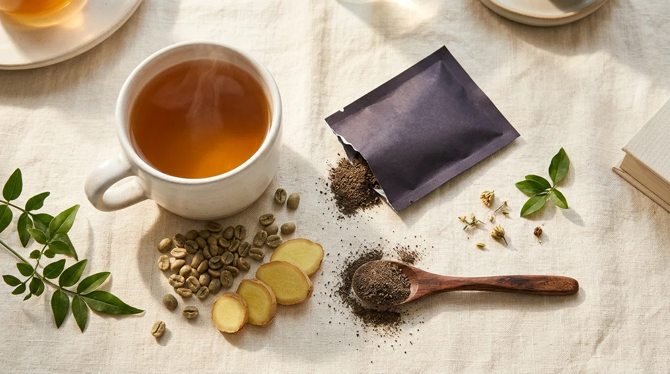 Morning wellness ritual with plant-based wellness drink powder and botanical ingredients